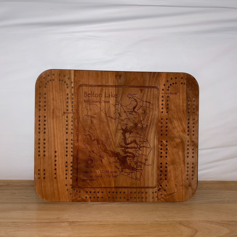 Lake Art Belton Lake Texas Wood Cribbage Board Game Map Decor USA Made